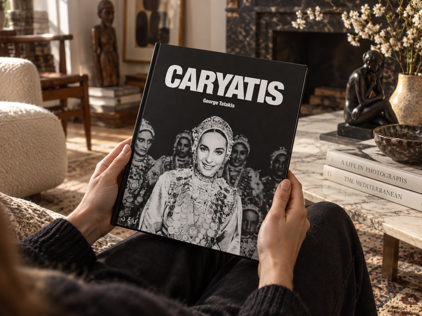 AI visualisation of Caryatis held in two hands in an interior setting.